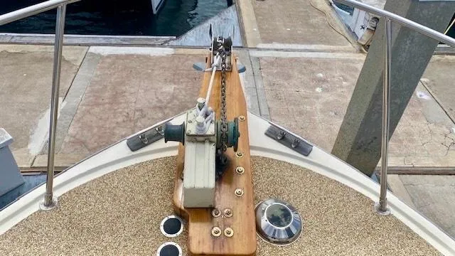 Slide: The Image of Bow of 1987 Roughwater 37 boat with anchor winch at dock. - 18