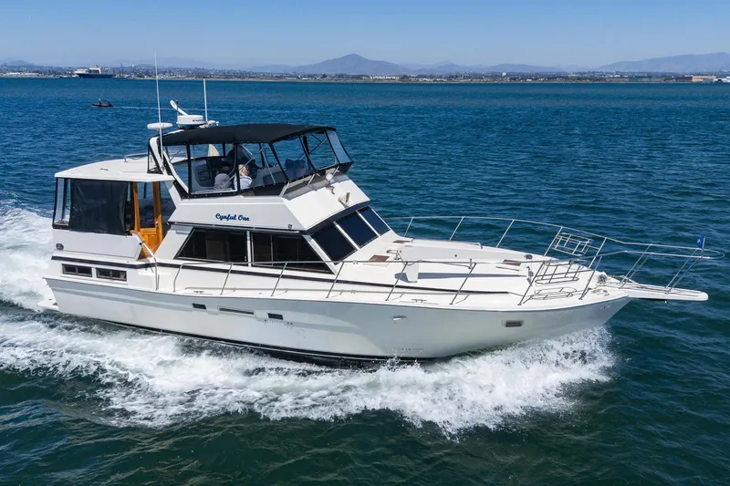 Slide: The Image of 1982 Viking 44 Motor Yacht cruising on open water, clear sky, distant mountains. - 42