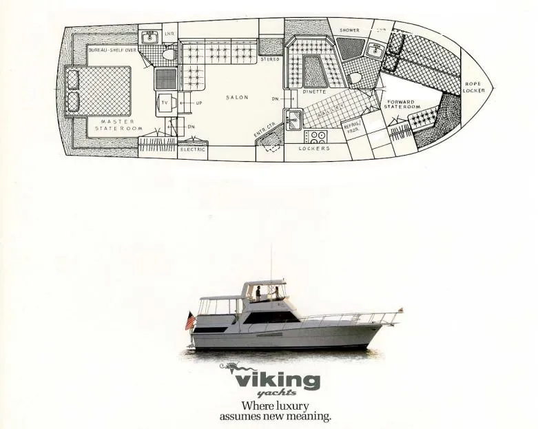 Slide: The Image of Floor plan and side view of 1982 Viking 44 Motor Yacht, showcasing luxury design. - 43