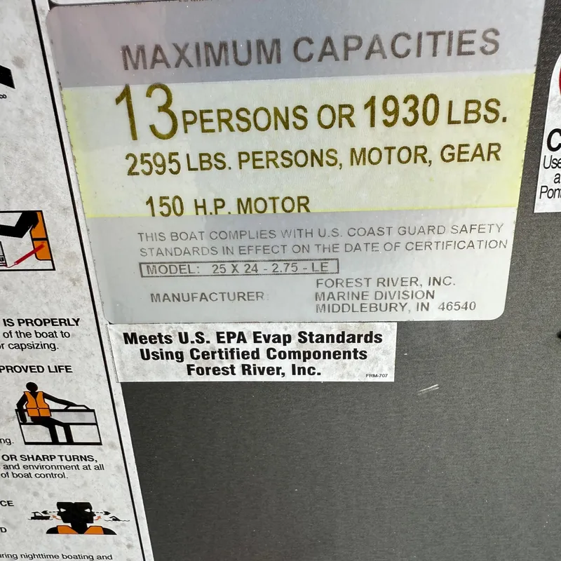 Slide: The Image of Capacity label for 2022 Berkshire 24RFC LE 2.75, 13 persons or 1930 lbs, 150 HP motor. - 17