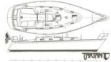 Slide: The Image of Blueprint of 1998 Tartan 3500 sailboat, showcasing top and side views. - 29