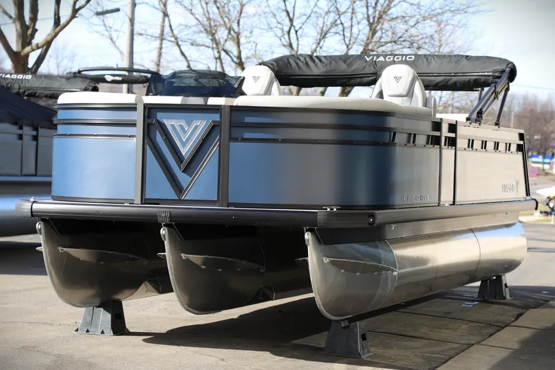 Slide: The Image of 2025 Viaggio Lago X22S pontoon boat with sleek design and modern features. - 11