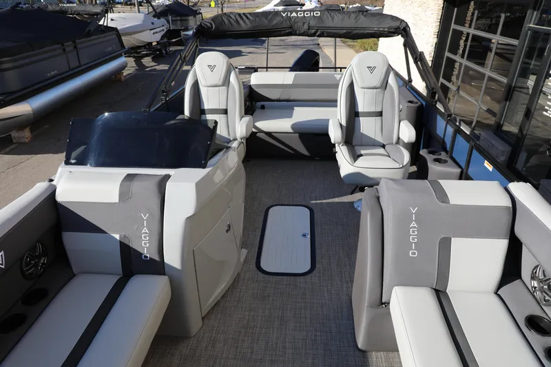 Slide: The Image of Interior of 2025 Viaggio Lago X22S boat with modern seating and sleek design. - 7