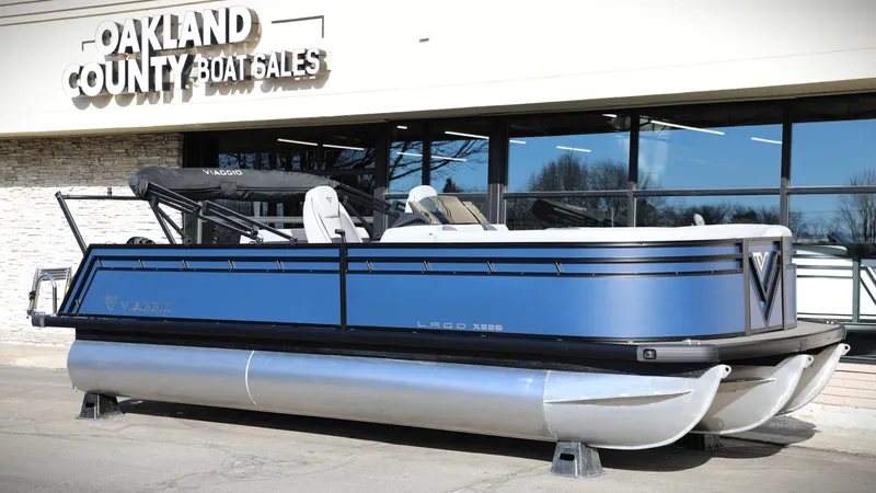 Slide: The Image of 2025 Viaggio Lago X22S pontoon boat displayed at Oakland County Boat Sales. - 9