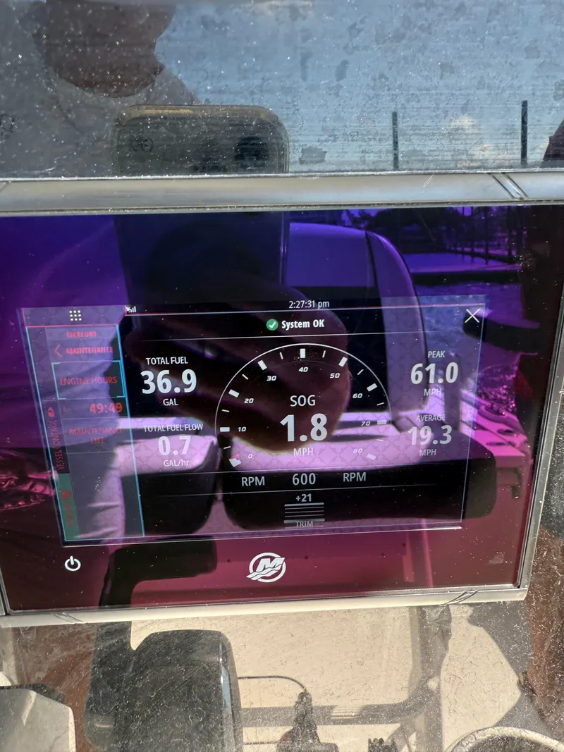 Slide: The Image of Display screen of 2023 Tidewater 2500CB showing fuel and speed data. - 8