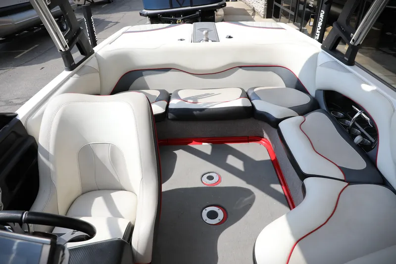 Slide: The Image of 2013 Malibu Wakesetter 20 VTX interior with white and gray seating, red accents. - 3