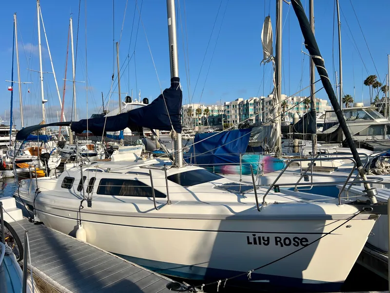 Slide: The Image of 1995 Hunter 29.5 sailboat "Lily Rose" docked in a marina under clear blue skies. - 7
