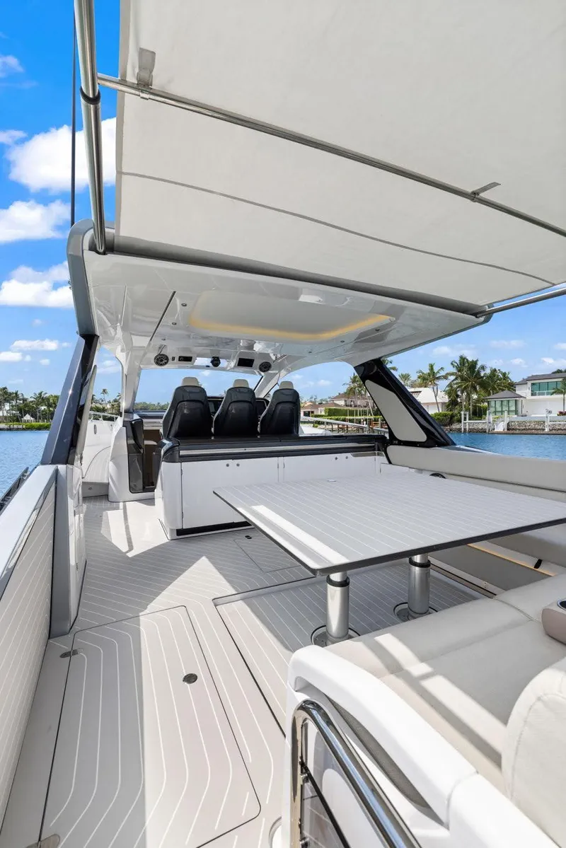Slide: The Image of 2022 Azimut Verve 47 yacht interior with sleek seating and modern design. - 19