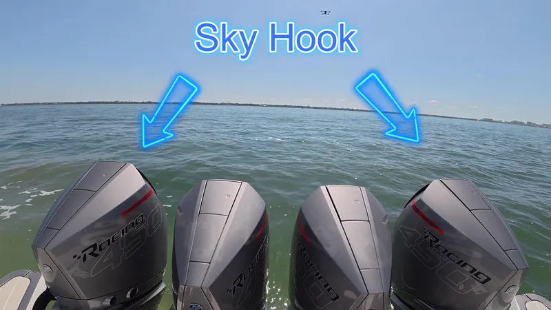 Slide: The Image of 2022 Azimut Verve 47 boat engines with "Sky Hook" feature highlighted. - 20