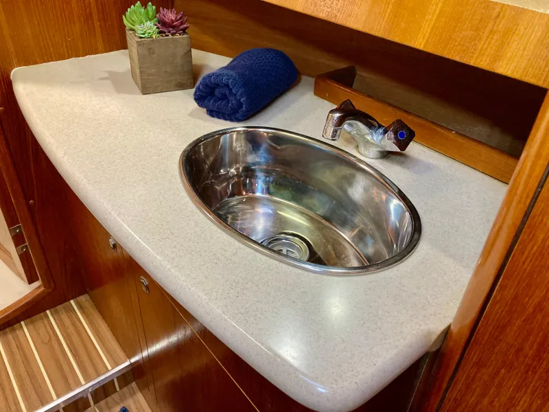 Slide: The Image of 2005 Hunter 41 AC yacht bathroom sink with faucet, countertop, and decorative plants. - 46