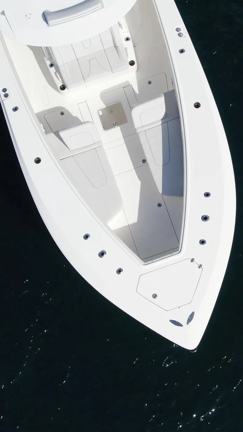 Slide: The Image of 2022 SeaVee 390z Center Console boat, aerial view of bow. - 14