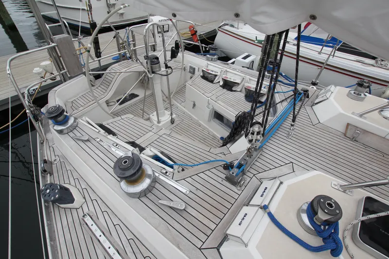 Slide: The Image of Cockpit of a 1983 Baltic 38DP sailboat with winches and ropes. - 10