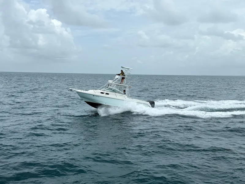 Slide: The Image of Boston Whaler 28 Conquest 2000 cruising on open sea under cloudy skies. - 5