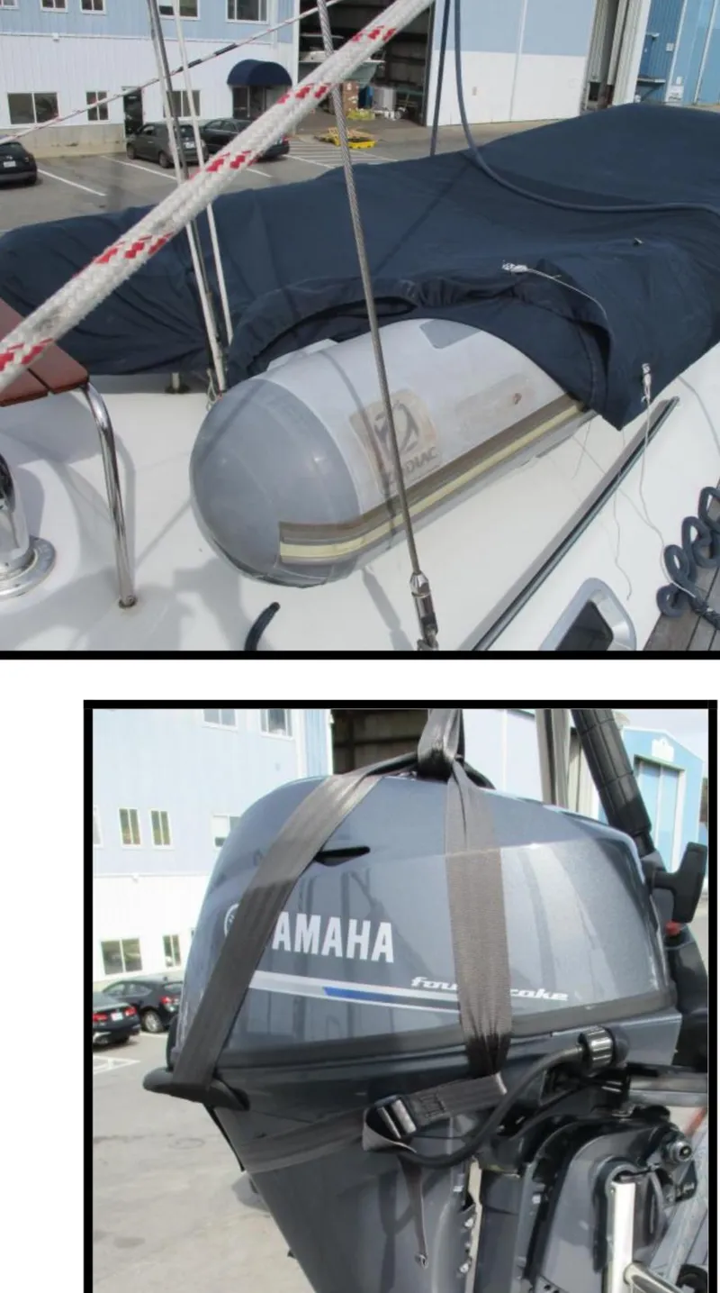 Slide: The Image of Sailboat deck with covered equipment and Yamaha outboard motor, CNB 64, 2003 model. - 37