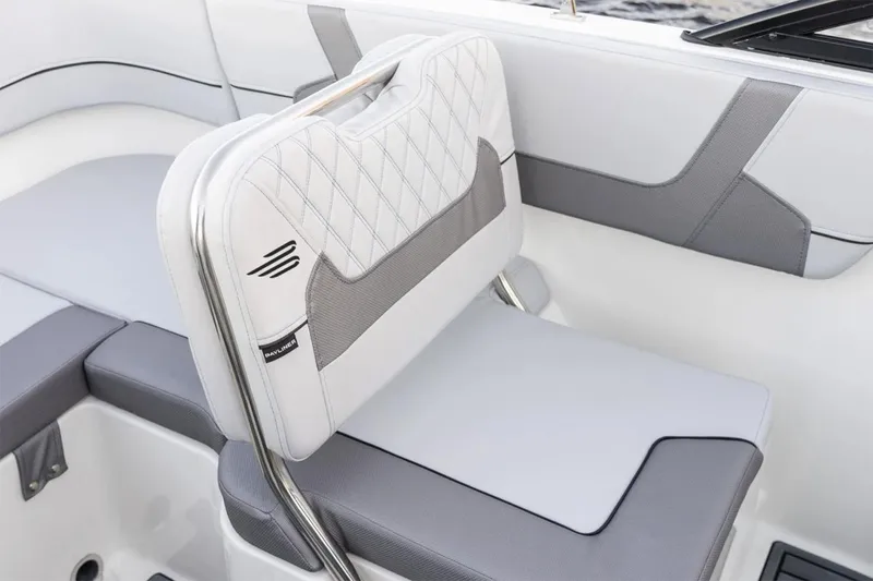 Slide: The Image of 2025 Bayliner VR5 Bowrider OB interior with seating and sleek design. - 6