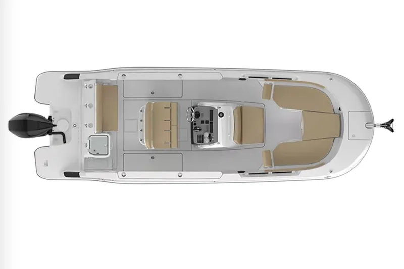 Slide: The Image of 2025 Bayliner Trophy T24CC boat interior with seating and console, under clear blue sky. - 6