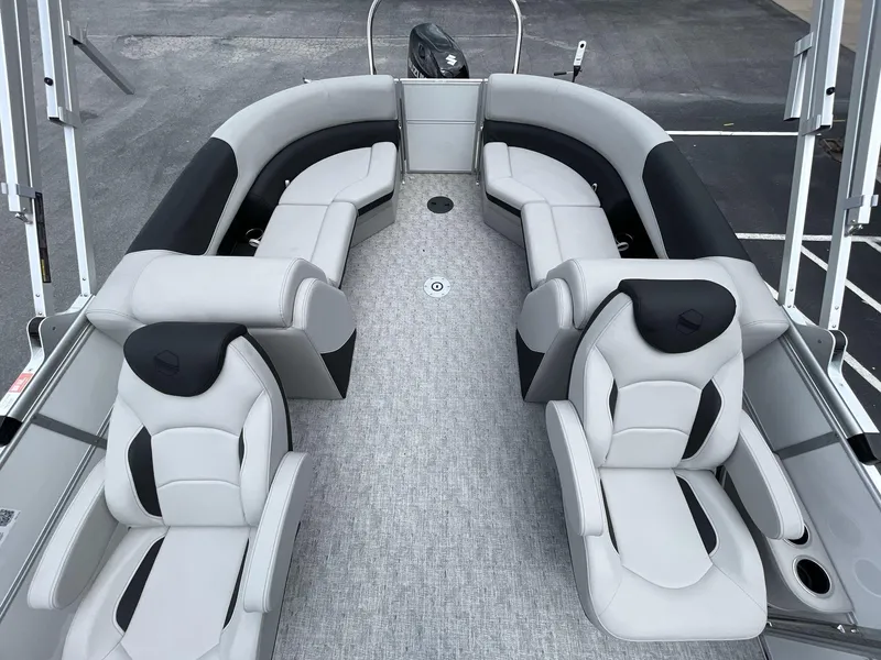 Slide: The Image of 2025 South Bay 222RSLE pontoon boat interior with luxurious seating and modern design. - 12