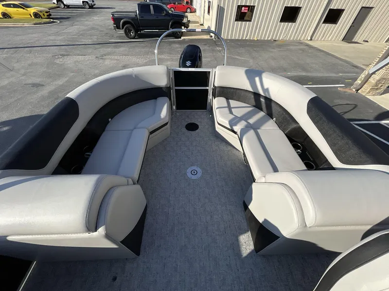 Slide: The Image of 2025 South Bay 222RSLE pontoon boat interior with spacious seating and modern design. - 3