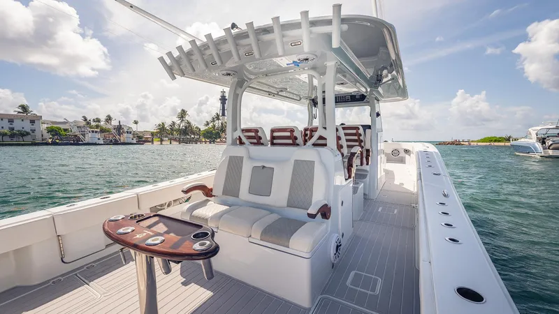 Slide: The Image of 2022 Freeman 43 boat with luxurious seating and ocean view. - 12