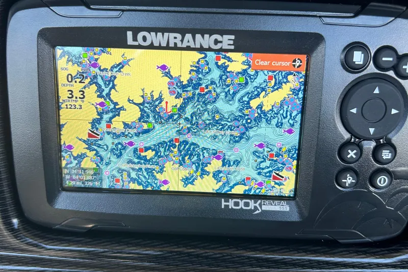 Slide: The Image of Lowrance Hook Reveal GPS displaying detailed lake map on South Bay 222RSLE, 2025 model. - 6