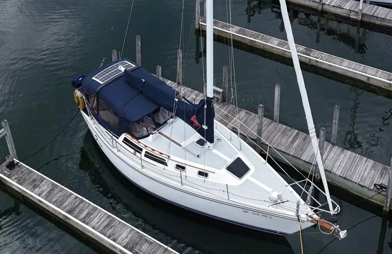 Slide: The Image of 1992 Catalina 30 Tall Rig sailboat docked in marina, aerial view. - 3