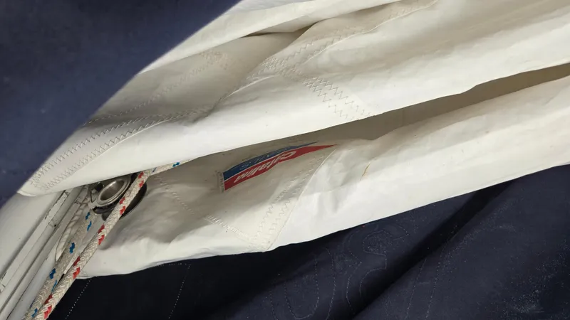 Slide: The Image of Folded sail with Catalina 30 Tall Rig label, 1992 model. - 30