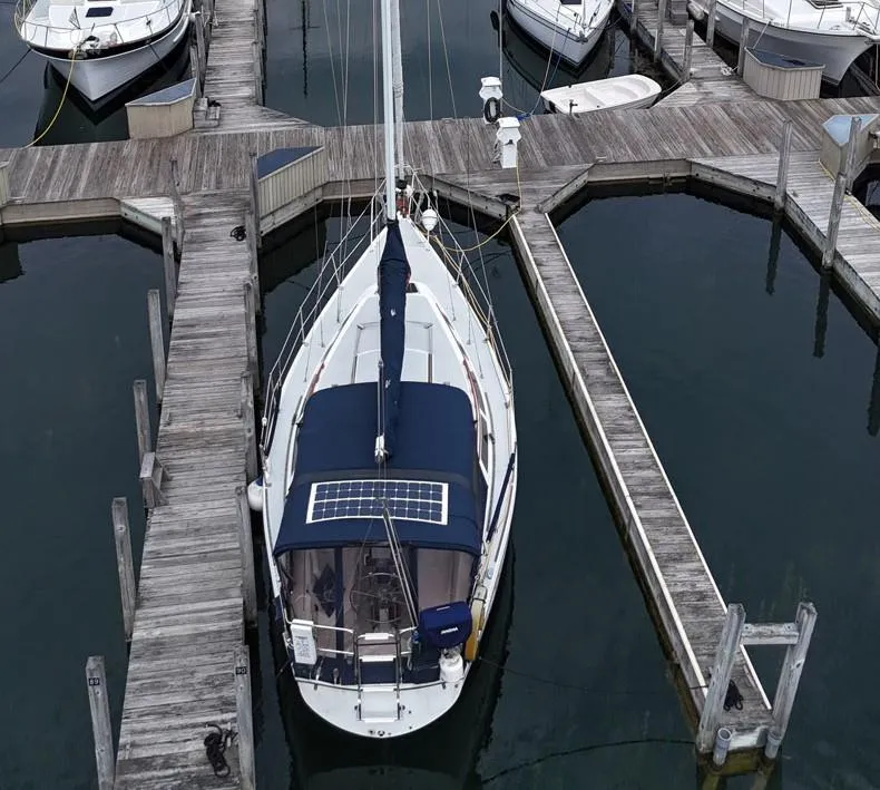Slide: The Image of Catalina 30 Tall Rig sailboat docked at marina, aerial view, 1992 model. - 5