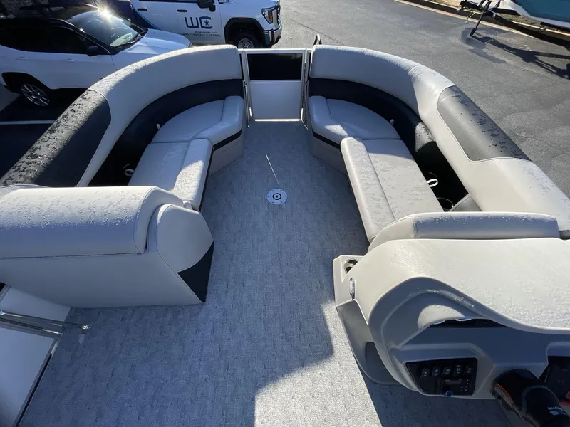 Slide: The Image of 2025 South Bay 224ULLE pontoon boat interior with spacious seating and modern design. - 20