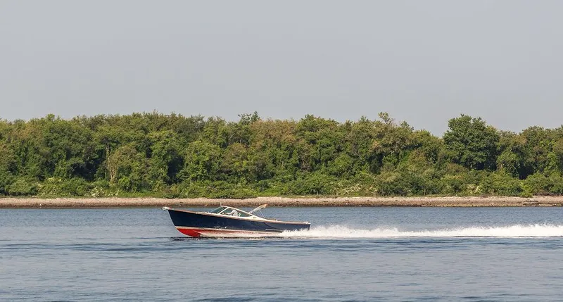 Slide: The Image of 2003 Hinckley Talaria 29R cruising on water near a lush green shoreline. - 7