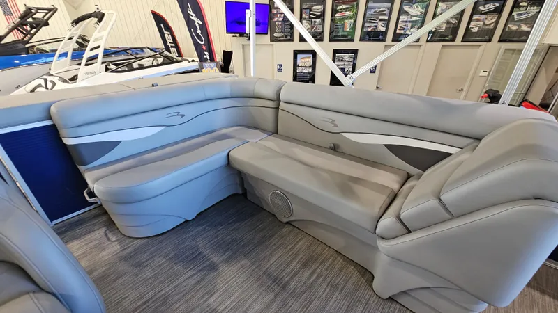 Slide: The Image of 2020 Bennington 188 SV boat interior with gray seating and modern design. - 12