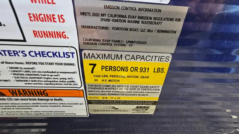 Slide: The Image of 2020 Bennington 188 SV capacity label: 7 persons, 931 lbs, 60 HP motor. - 20