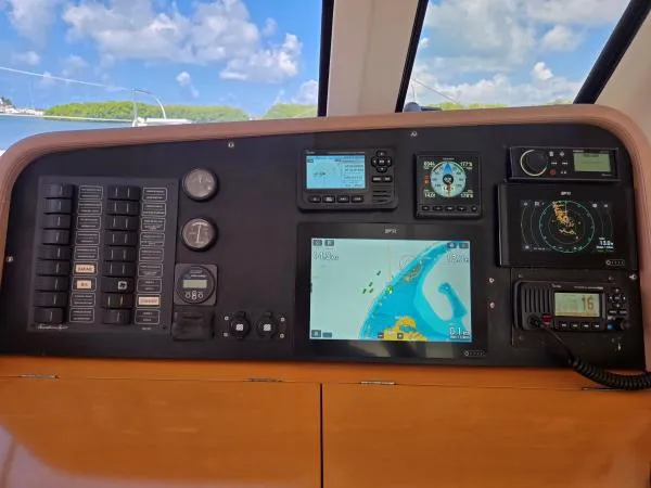 Slide: The Image of Control panel of 2008 Fountaine Pajot Salina 48 catamaran with navigation instruments and displays. - 14