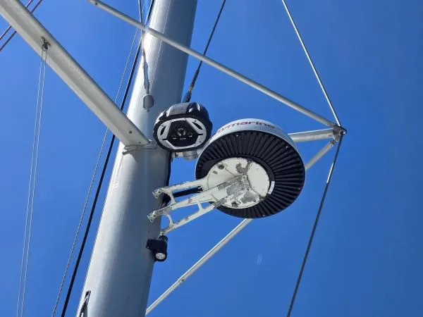 Slide: The Image of Radar and camera equipment on a 2008 Fountaine Pajot Salina 48 mast against blue sky. - 26
