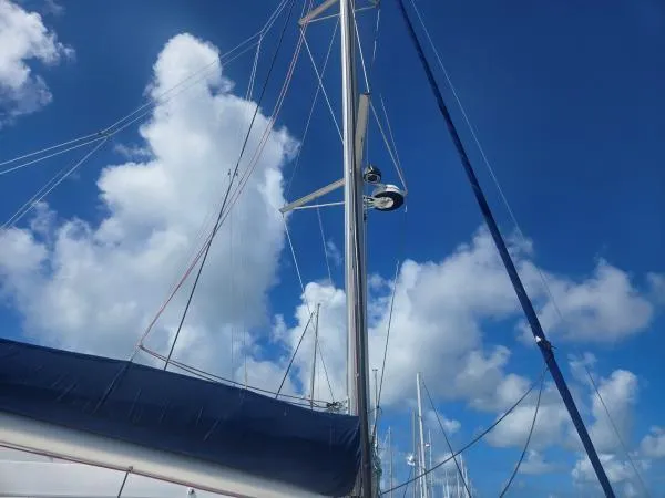Slide: The Image of Sailboat mast and rigging against a blue sky, Fountaine Pajot Salina 48, 2008 model. - 27