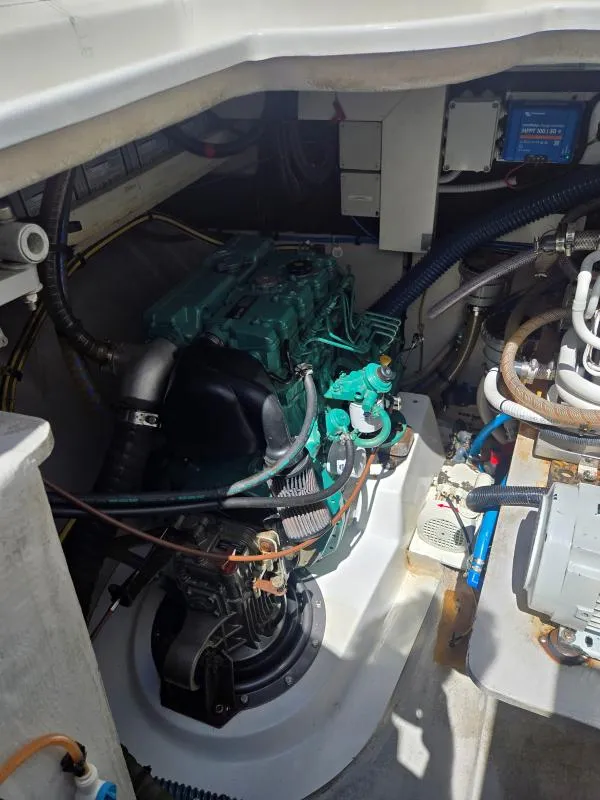 Slide: The Image of Engine compartment of 2008 Fountaine Pajot Salina 48 catamaran, showcasing mechanical components. - 30