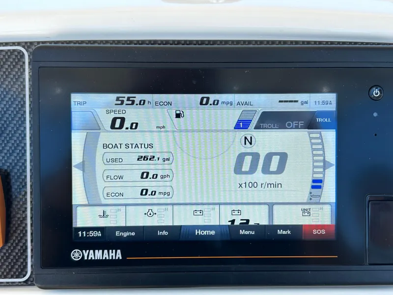 Slide: The Image of Yamaha boat display showing trip data and fuel status on Grady-White Fisherman 236, 2019 model. - 13