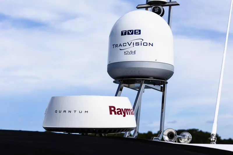 Slide: The Image of Azimut Atlantis 43 yacht radar and satellite equipment, 2019 model, featuring Raymarine and TracVision systems. - 21