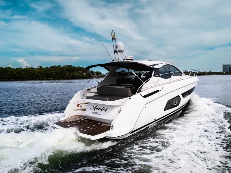 Slide: The Image of Azimut Atlantis 43 yacht cruising on water, 2019 model, rear view. - 8