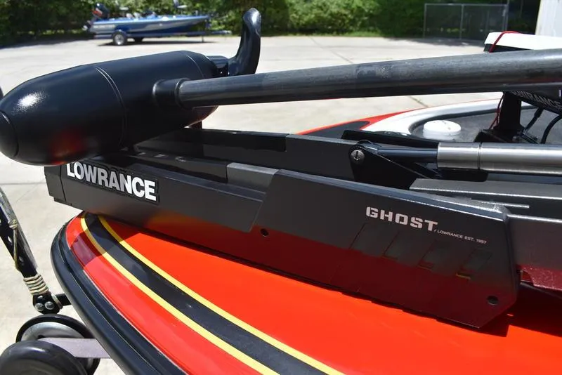 Slide: The Image of Lowrance Ghost trolling motor on a red Nitro z9cdc boat, 2008 model. - 17