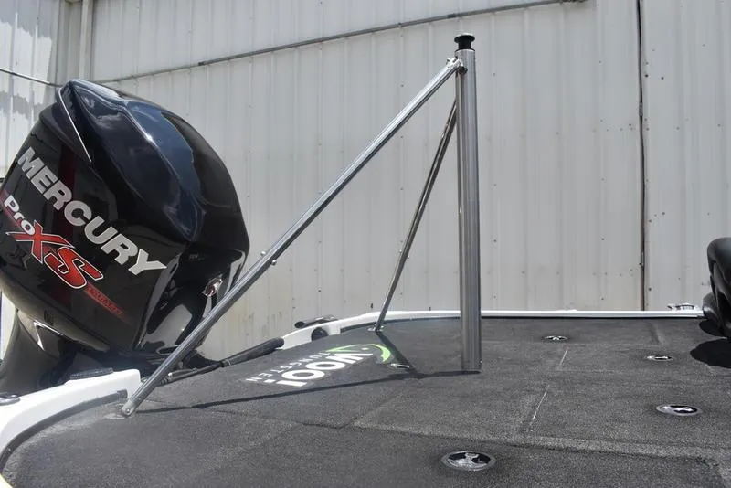 Slide: The Image of 2008 Nitro z9cdc boat with Mercury Pro XS engine and metal support pole on deck. - 5