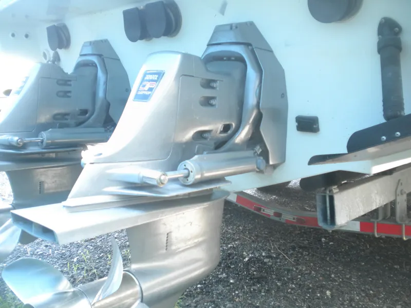 Slide: The Image of 2002 Formula 330 SS boat stern drive and propellers close-up. - 30