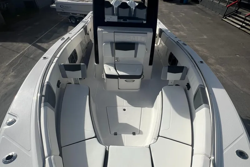 Slide: The Image of 2025 Robalo R300 Center Console boat interior with spacious seating and modern design. - 14