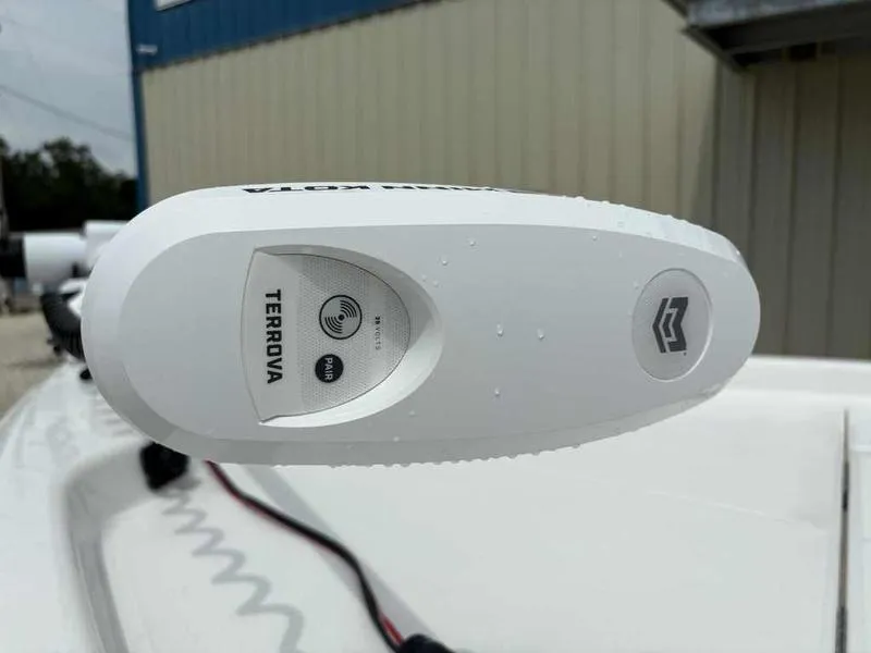 Slide: The Image of Minn Kota Terrova motor on 2026 Blazer PureBay 2200 boat, close-up view. - 16