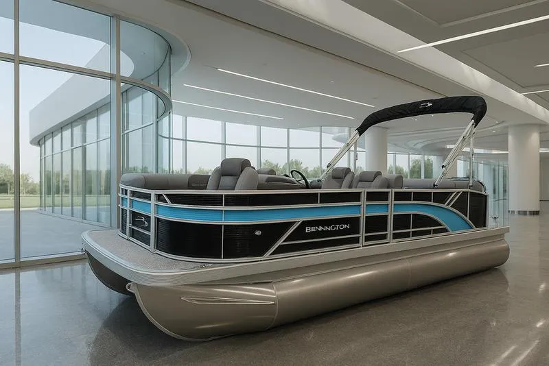 Slide: The Image of 2025 Bennington S L-Bench 21 SLJ pontoon boat in modern showroom. - 0
