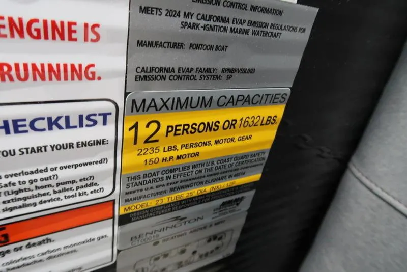 Slide: The Image of Capacity label on Bennington M Quad Bench 24 MFB, 2025 model, showing 12-person limit. - 12