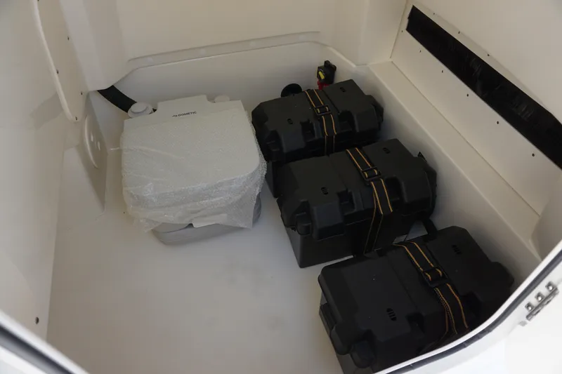 Slide: The Image of 2026 Boston Whaler 250 Dauntless storage compartment with batteries and equipment. - 22