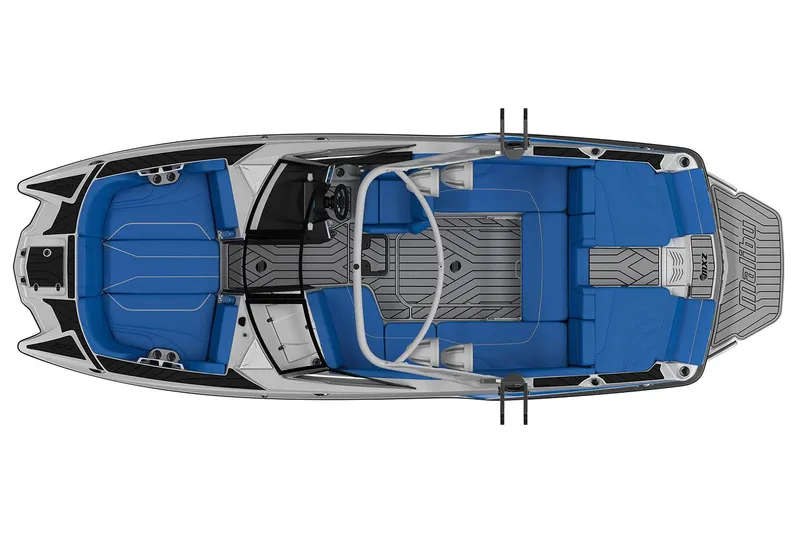 Slide: The Image of Manufacturer Provided Image: Top view of a 2019 Malibu Wakesetter 22 MXZ boat with blue and gray interior. - 22