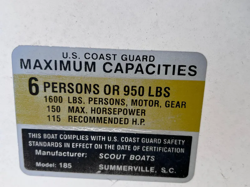 Slide: The Image of Scout 185 Sportfish 2000 capacity label: 6 persons, 950 lbs, 150 max horsepower. - 28