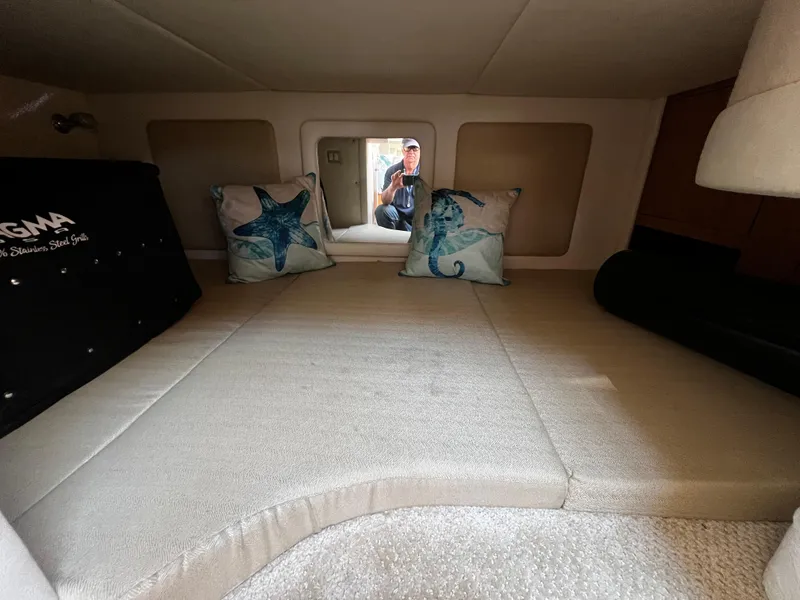 Slide: The Image of Interior cabin of 2006 Sea Ray 290 Sundancer with decorative pillows and cozy seating. - 21