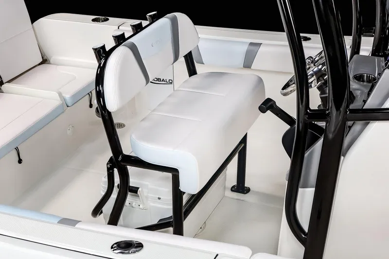 Slide: The Image of Manufacturer Provided Image: 2020 Robalo R230 Center Console boat interior with white seating and black frame. - 24